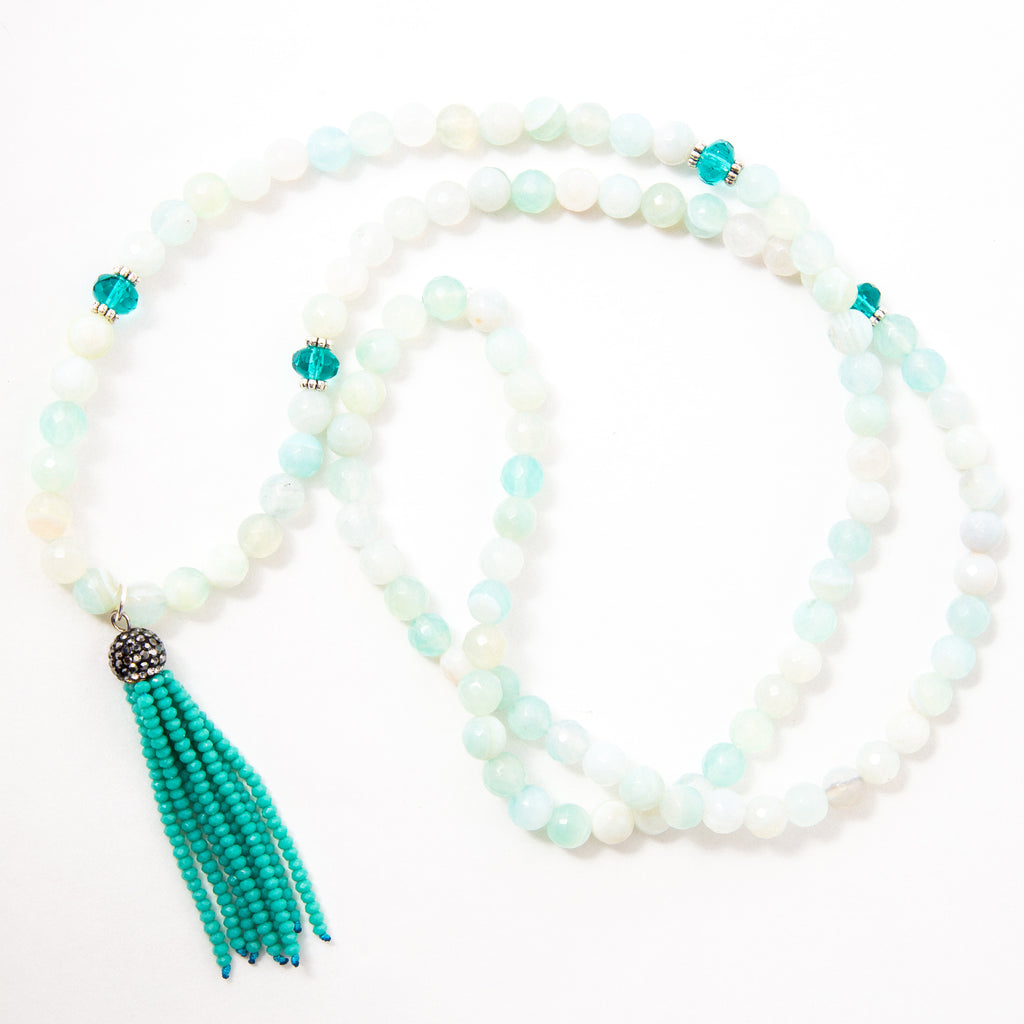 Seafoam Serenity Mala with Faceted Aqua Agate and Turquoise Czech Crystal Tassel