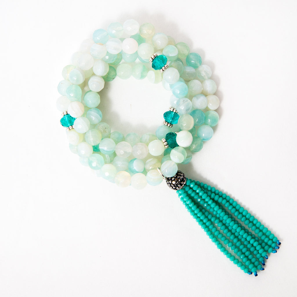 Seafoam Serenity Mala with Faceted Aqua Agate and Turquoise Czech Crystal Tassel