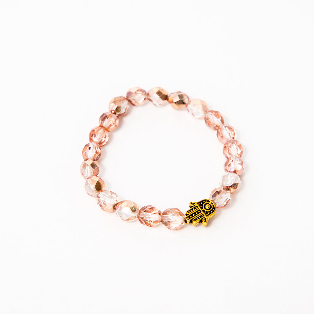 Pink Faceted Czech Single with Hamsa (or Rose Gold Hematite)