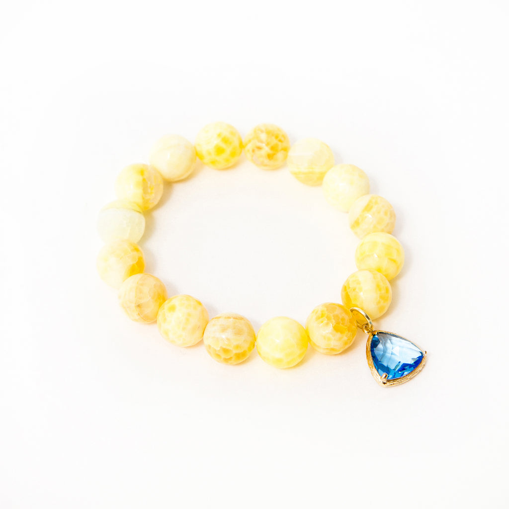 Yellow Fire Crackled Agate with Sapphire Triangle Bezel