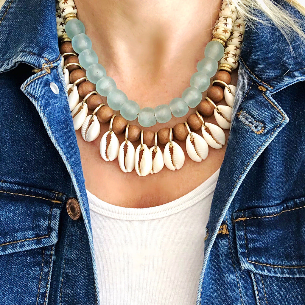 Sea Blue Cowrie Shell Statement Necklace